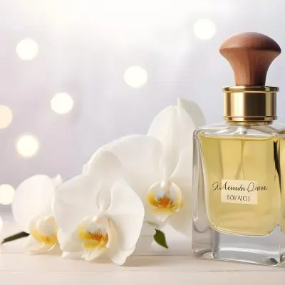 A Perfume Bottle With A Wooden Cap And A White Orchid On A White Wooden Surface With Bokeh Lights In The Background 3 08e9