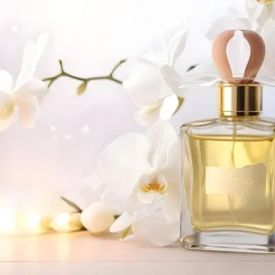 A Perfume Bottle With A Wooden Cap And A White Orchid On A White Wooden Surface With Bokeh Lights In The Background 31 4bd2
