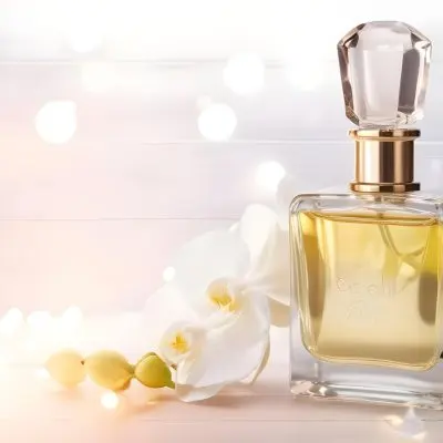 A Perfume Bottle With A Wooden Cap And A White Orchid On A White Wooden Surface With Bokeh Lights In The Background 33 Dada