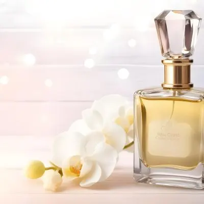 A Perfume Bottle With A Wooden Cap And A White Orchid On A White Wooden Surface With Bokeh Lights In The Background 35 29c1