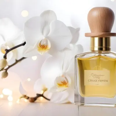 A Perfume Bottle With A Wooden Cap And A White Orchid On A White Wooden Surface With Bokeh Lights In The Background 46 20c4
