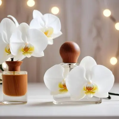 A Perfume Bottle With A Wooden Cap And A White Orchid On A White Wooden Surface With Bokeh Lights In The Background 8 Eaf9