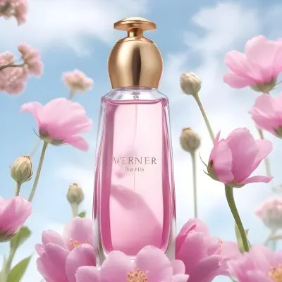 A Perfume Bottle With Blue Liquid And A Golden Cap Surrounded By Pink Flowers And Petals With A Blue Sky Background 14 1f1b 6c95