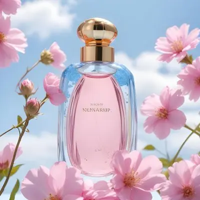 A Perfume Bottle With Blue Liquid And A Golden Cap Surrounded By Pink Flowers And Petals With A Blue Sky Background 21 F3e0