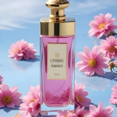 A Perfume Bottle With Blue Liquid And A Golden Cap Surrounded By Pink Flowers And Petals With A Blue Sky Background 24 9a82