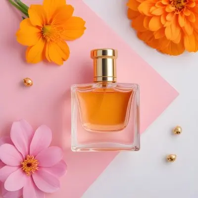 A Perfume Bottle With Golden Cap Surrounded By Orange And Pink Flowers On A Pink And White Background Product Photography Studio Shot 13 E104