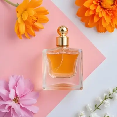 A Perfume Bottle With Golden Cap Surrounded By Orange And Pink Flowers On A Pink And White Background Product Photography Studio Shot 18 Ae71