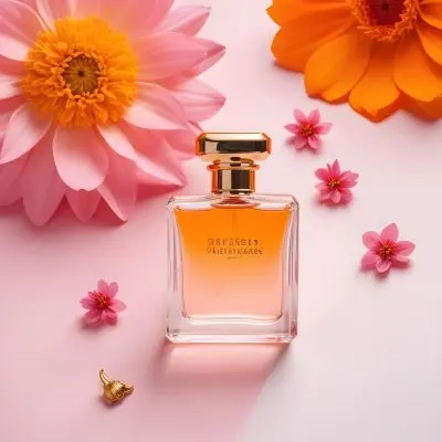 A Perfume Bottle With Golden Cap Surrounded By Orange And Pink Flowers On A Pink And White Background Product Photography Studio Shot 24 59e6
