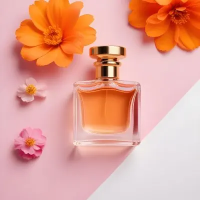 A Perfume Bottle With Golden Cap Surrounded By Orange And Pink Flowers On A Pink And White Background Product Photography Studio Shot 28 4c9c