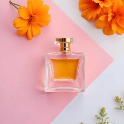 A Perfume Bottle With Golden Cap Surrounded By Orange And Pink Flowers On A Pink And White Background Product Photography Studio Shot 31 54d9