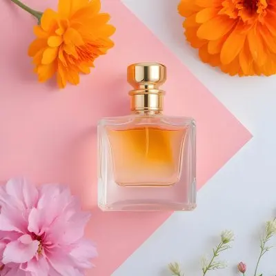 A Perfume Bottle With Golden Cap Surrounded By Orange And Pink Flowers On A Pink And White Background Product Photography Studio Shot 33 5668