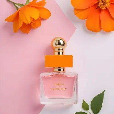 A Perfume Bottle With Golden Cap Surrounded By Orange And Pink Flowers On A Pink And White Background Product Photography Studio Shot 42 B9c4