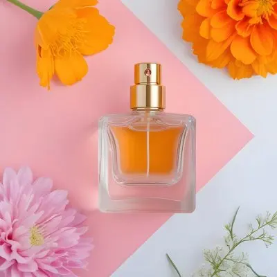 A Perfume Bottle With Golden Cap Surrounded By Orange And Pink Flowers On A Pink And White Background Product Photography Studio Shot 46 A9ff