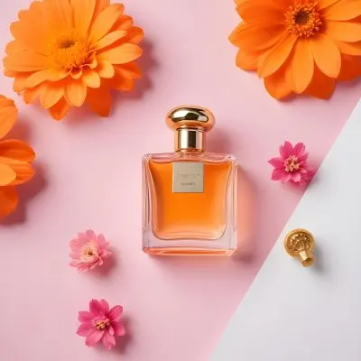 A Perfume Bottle With Golden Cap Surrounded By Orange And Pink Flowers On A Pink And White Background Product Photography Studio Shot 5 A977