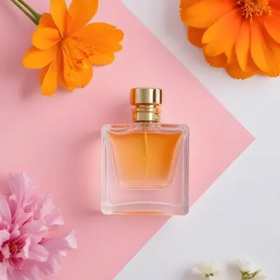 A Perfume Bottle With Golden Cap Surrounded By Orange And Pink Flowers On A Pink And White Background Product Photography Studio Shot 54 Bca4