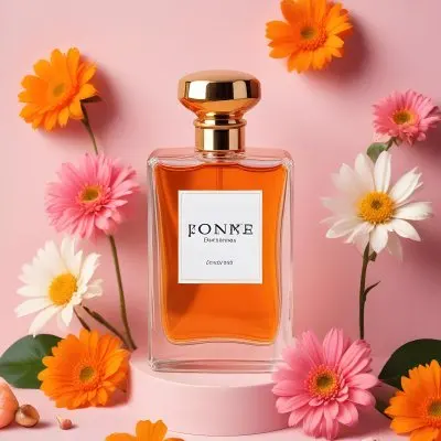 A Perfume Bottle With Golden Cap Surrounded By Orange And Pink Flowers On A Pink And White Background Product Photography Studio Shot 55 7117