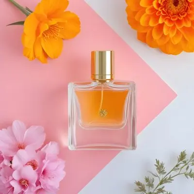 A Perfume Bottle With Golden Cap Surrounded By Orange And Pink Flowers On A Pink And White Background Product Photography Studio Shot 62 4e36