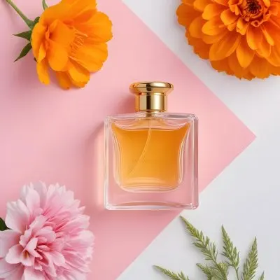 A Perfume Bottle With Golden Cap Surrounded By Orange And Pink Flowers On A Pink And White Background Product Photography Studio Shot 75 0173