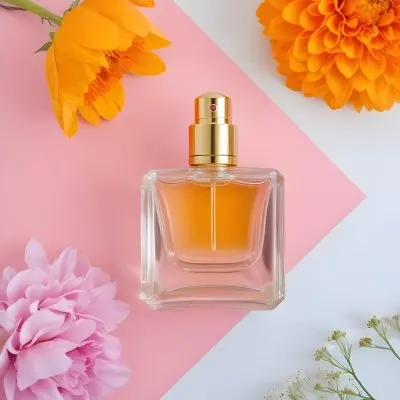 A Perfume Bottle With Golden Cap Surrounded By Orange And Pink Flowers On A Pink And White Background Product Photography Studio Shot 76 A311