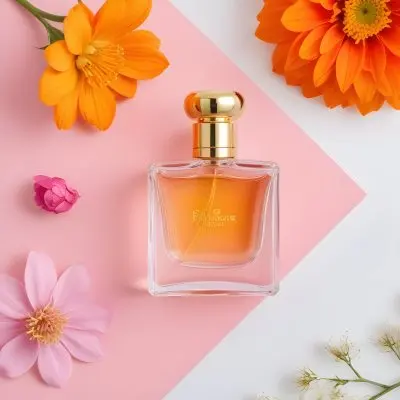 A Perfume Bottle With Golden Cap Surrounded By Orange And Pink Flowers On A Pink And White Background Product Photography Studio Shot 79 0a83