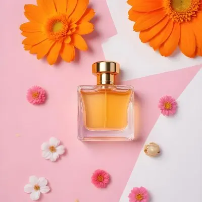 A Perfume Bottle With Golden Cap Surrounded By Orange And Pink Flowers On A Pink And White Background Product Photography Studio Shot 83 794b
