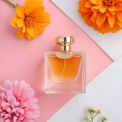 A Perfume Bottle With Golden Cap Surrounded By Orange And Pink Flowers On A Pink And White Background Product Photography Studio Shot 85 Ef4f