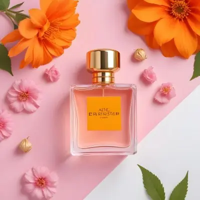 A Perfume Bottle With Golden Cap Surrounded By Orange And Pink Flowers On A Pink And White Background Product Photography Studio Shot 87 99a4