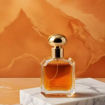 A Perfume Bottle With Golden Liquid Inside On A Marble Surface With An Orange Background 35 E037