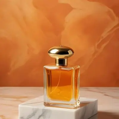 A Perfume Bottle With Golden Liquid Inside On A Marble Surface With An Orange Background 39 0f5c