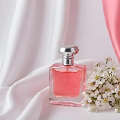 A Perfume Bottle With Pink Liquid And A Silver Cap Next To Small White Flowers On A White Silk Fabric With Pink Accents 35 9ab1