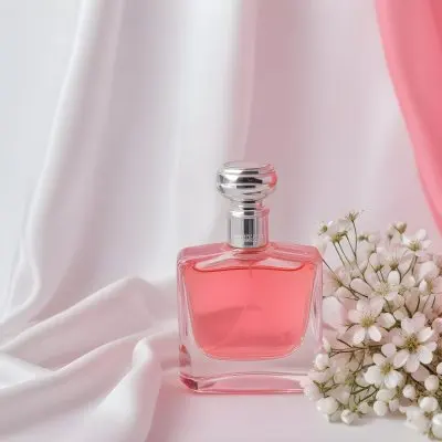 A Perfume Bottle With Pink Liquid And A Silver Cap Next To Small White Flowers On A White Silk Fabric With Pink Accents 37 23a5