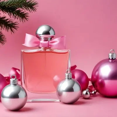 A Perfume Bottle With Pink Liquid And A Silver Cap Next To Two Christmas Balls And A Pink Ribbon On A Pink Background 10 8f9c