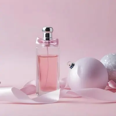 A Perfume Bottle With Pink Liquid And A Silver Cap Next To Two Christmas Balls And A Pink Ribbon On A Pink Background 11 C38b
