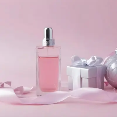 A Perfume Bottle With Pink Liquid And A Silver Cap Next To Two Christmas Balls And A Pink Ribbon On A Pink Background 3 D9cf