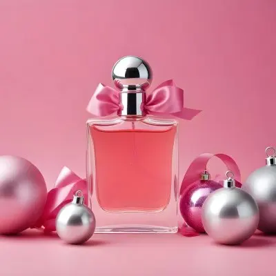 A Perfume Bottle With Pink Liquid And A Silver Cap Next To Two Christmas Balls And A Pink Ribbon On A Pink Background 36 Bcb1