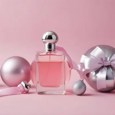 A Perfume Bottle With Pink Liquid And A Silver Cap Next To Two Christmas Balls And A Pink Ribbon On A Pink Background 45 971e