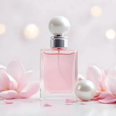 A Perfume Bottle With Pink Liquid And A White Cap Pink Petals And A Pearl Necklace On A White Surface Bokeh Background 14 2372