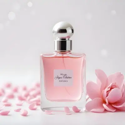 A Perfume Bottle With Pink Liquid And A White Cap Pink Petals And A Pearl Necklace On A White Surface Bokeh Background 28 1a42