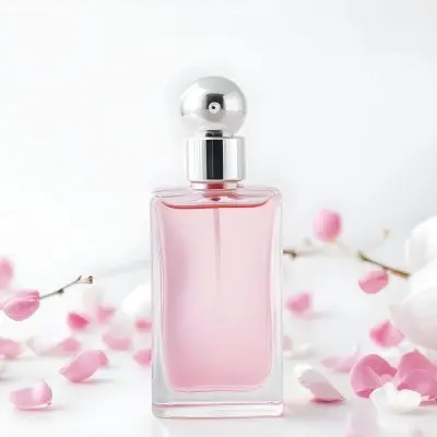 A Perfume Bottle With Pink Liquid And A White Cap Pink Petals And A Pearl Necklace On A White Surface Bokeh Background 32 2bbe