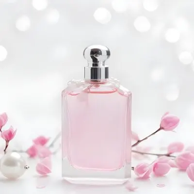 A Perfume Bottle With Pink Liquid And A White Cap Pink Petals And A Pearl Necklace On A White Surface Bokeh Background 39 F028