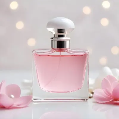 A Perfume Bottle With Pink Liquid And A White Cap Pink Petals And A Pearl Necklace On A White Surface Bokeh Background 65 Fe6d