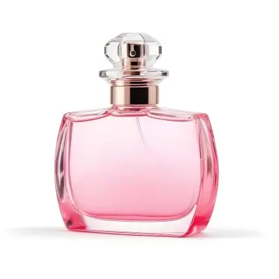 A Perfume Bottle With Pink Liquid Inside Pink Cap On A White Background 10 897c