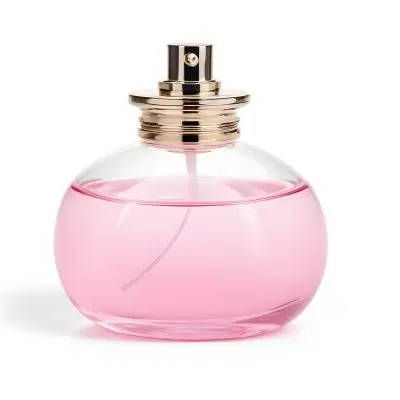 A Perfume Bottle With Pink Liquid Inside Pink Cap On A White Background 13 Af58