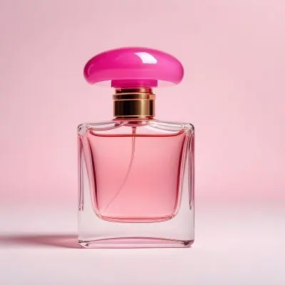 A Perfume Bottle With Pink Liquid Inside Pink Cap On A White Background 14 Fe7d