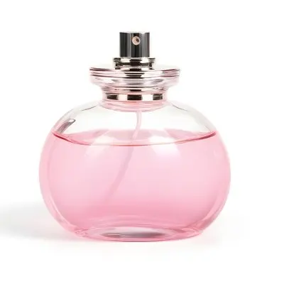 A Perfume Bottle With Pink Liquid Inside Pink Cap On A White Background 17 5338