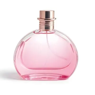A Perfume Bottle With Pink Liquid Inside Pink Cap On A White Background 18 523d