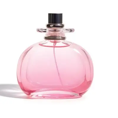 A Perfume Bottle With Pink Liquid Inside Pink Cap On A White Background 2 06c7