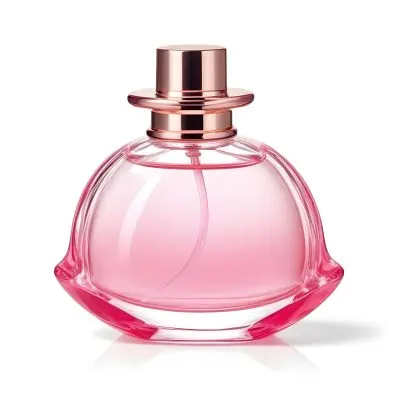 A Perfume Bottle With Pink Liquid Inside Pink Cap On A White Background 21 D34e