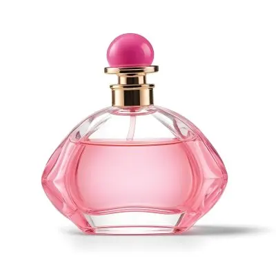 A Perfume Bottle With Pink Liquid Inside Pink Cap On A White Background 25 8c86