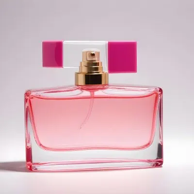 A Perfume Bottle With Pink Liquid Inside Pink Cap On A White Background 26 0af6